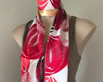 Red Art Deco Print Scarf: Gold Satin Reversible Crepe Scarf with Glass Beaded Fringe