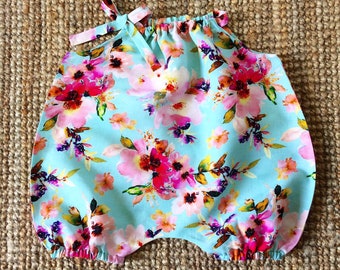 Aqua Fresh Floral Linen Baby Romper Light Blue Vintage Style Cotton Fabric Outfit 6-12mths