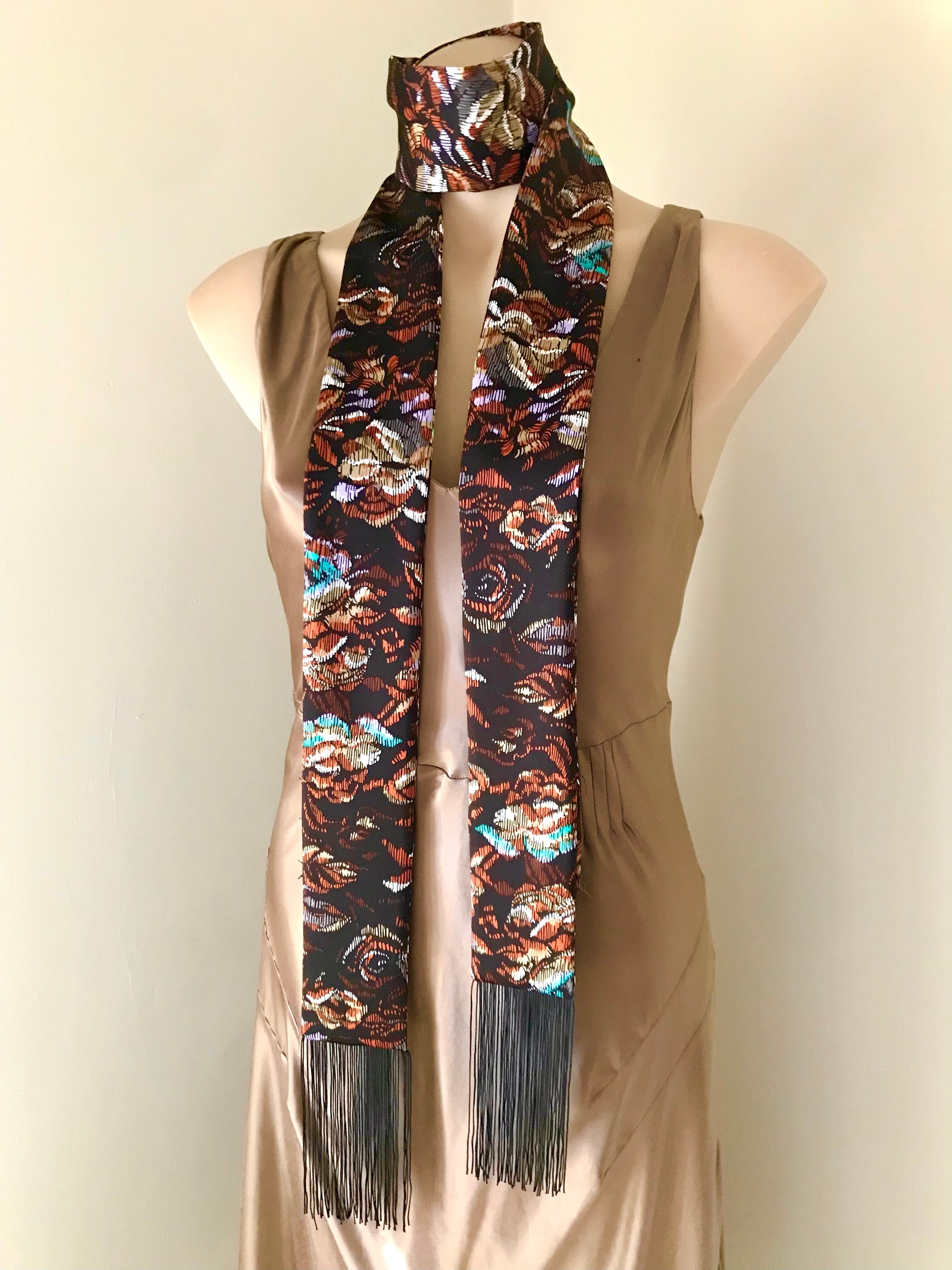70s Floral Skinny Scarf: Vintage Dark Brown Faux Silk Tassel