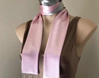 Pink & Silver Grey Satin 70s Skinny Dress Scarf Beaded Glass Tassle Fringe Trim