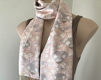 Vintage Kimono Silk Scarf: Pink Tsubaki Floral, Gold Beaded Fringe