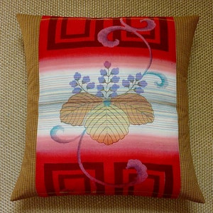 Vintage Kimono Fabric Cushion Cover: Red Gold Paulownia, Tan Check