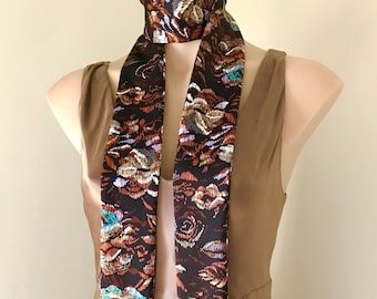 70s Floral Skinny Scarf: Vintage Dark Brown Faux Silk Tassel Fringe