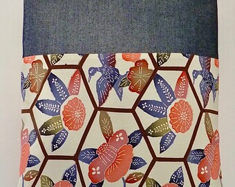 Handmade Denim Tote Bag: Vintage Japanese Kimono Silk Camellia & Birds