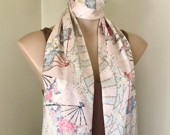 Vintage Kimono Silk Dress Scarf: Pale Pink Peony Fan, Beaded Fringe