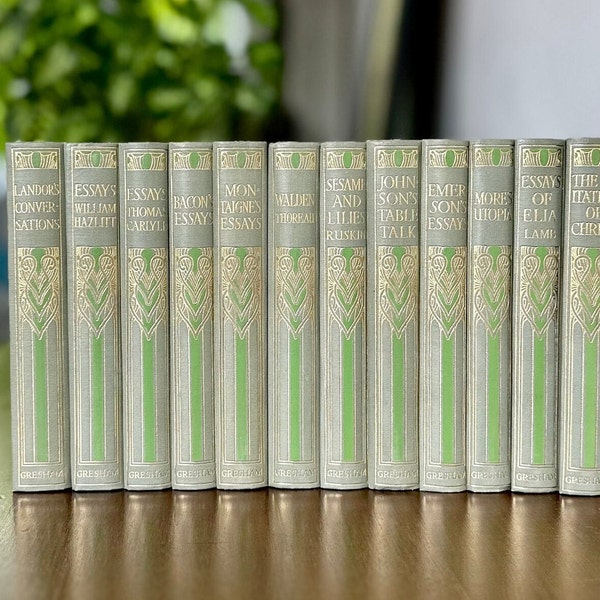 A Library of Choice Prose. Published by Gresham Publishing. 12 Volumes. Ruskin. Thomas Caryle. Sir Francis Bacon. Art Nouveau Bindings.