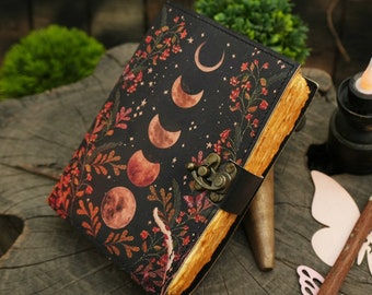 Vintage leather grimoire journal moon phase handmade journal with 200 deckle edge paper with metal clasp lock gifts for men and women