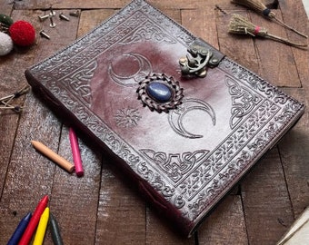 Brown Triple Moon Crystal Leather Journal, Blank witche Spell Book Of Shadows Grimoire - handmade Paper - Sketchbook, (10*7) notebook.