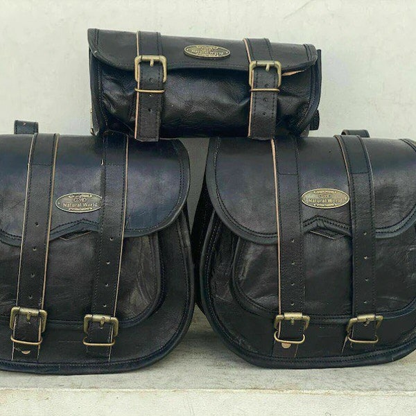 Ensemble de 3 sacs de selle de moto en cuir noir neufs sacoches de selle bagages 3 sacoches latérales de sacoche de vélo sacoche de vélo en cuir de moto