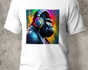 Illustration, graphic, design, gorilla with headphones listening to music.