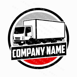Puede incluir: Logotipo en blanco y negro de un camión de reparto con las palabras "COMPANY NAME" en un círculo rojo.