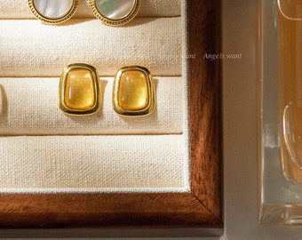 Vintaged Inspired Sterling Silver Citrine Earrings; Gold Plated Trapezoid Stud Earrings; Statement Earrings; Perfect Gift for Her