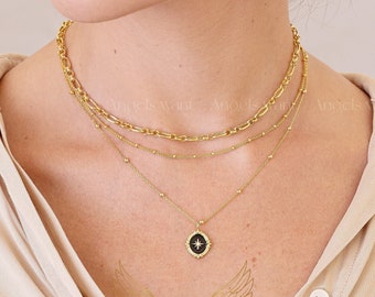 Gold Plated Sterling Silver North Star Necklace: Black Enamel Celestial Pendant