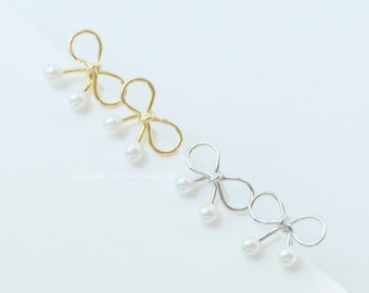 Sterling Silver Bow Pearl Earrings: Dainty Studs