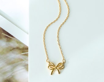 Gold Bow Necklace; Gold Ribbon Necklace; Bow Jewelry; Everyday Necklace; Cute Necklaces