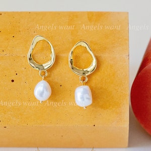 Gold Plated Pearl Drop Earrings 925 Sterling Silver Freshwater Pearl Earrings Small Pearl Hoop Dangle Earrings Wedding Earrings image 1