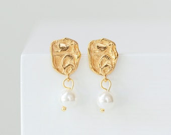 Sterling Silver Freshwater Pearl Earrings; Small Pearl Drop Earrings; Gold Plated Irregular Earrings; Elegant Earrings