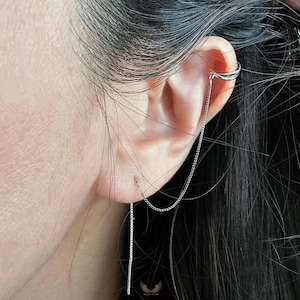 925 Sterling Silver Threader Earrings with Ear Cuff, Box Chain Pull Through, CZ Accents