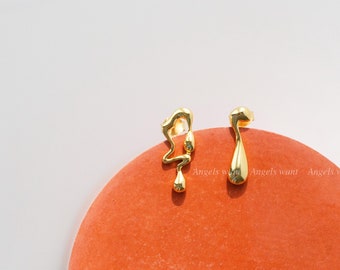 Asymmetric Earrings;Gold Plated Modern Dripping Earrings;Mismatched Earrings Statement;Sterling Silver Abstract Earrings;Irregular Earrings