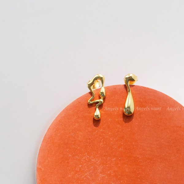 Asymmetric Earrings;Gold Plated Modern Dripping Earrings;Mismatched Earrings Statement;Sterling Silver Abstract Earrings;Irregular Earrings