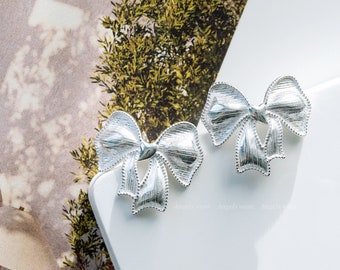 Large Bow Studs; Silver Ribbon Earrings; Textured Bow Earrings; Elegant Silver Studs; Trendy Jewelry Gift; Classic Bow Studs