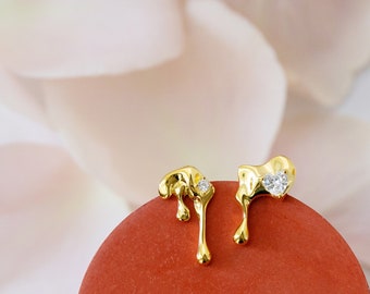 Asymmetrical Mismatched CZ Stud Earrings, Gold Plated Sterling Silver, Brutalist Art Deco Sculptural Statement Suds