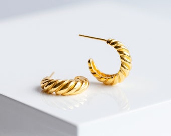 Gold Plated Croissant Hoop Earrings;925 Sterling Silver Twisted Earrings; Minimalist Earrings; Statement Earrings