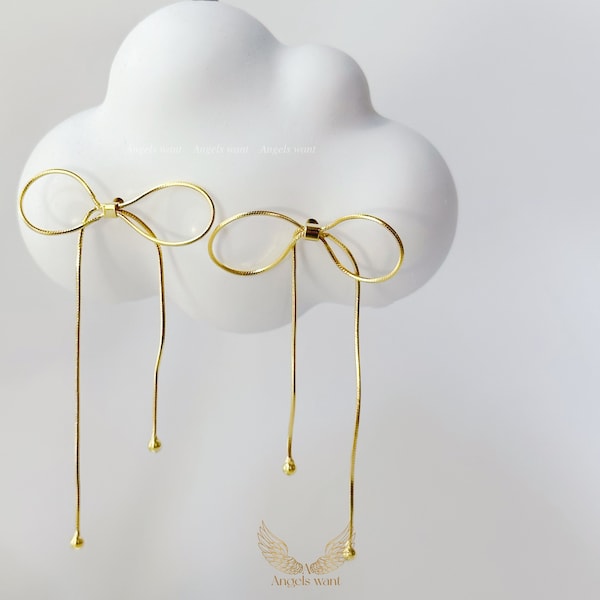 Bow Earrings; Silver Ribbon Earrings; Gold Bow Drop Earrings; Cute Earrings; Bow Jewelry