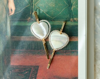 Set of 2 Heart Hair Pin;Handmade Mother of Pearl Hair Clip; Wedding Hair Jewelry;Elegant Hair Clip; Party hair accessories