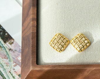 Gold Lattice Earrings; Vintage Look Earrings; Gold Grid Earrings; Large Stud Earrings; Statement Earrings