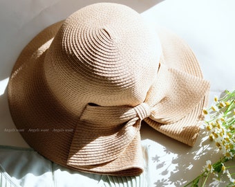 Straw Sun Hat with Bow, Beach Vacation Wide Brim