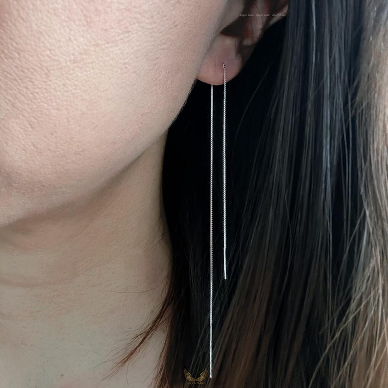 Pendientes de plata de ley con forma de enhebrador - Pendientes colgantes de cadena de caja imagen 8