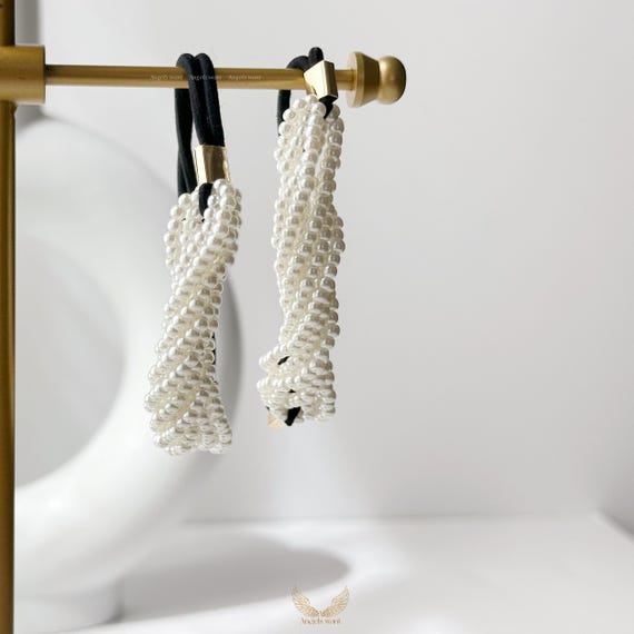 Pearl Hair Tie Bracelet: Black Elastic, Gold Accent - Set of  display picture 3