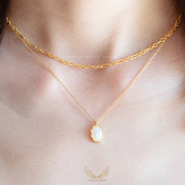 Gold Opal Necklace; Oval Opal Necklace; White Opal Necklace; October Birthstone; Minimalist Necklace