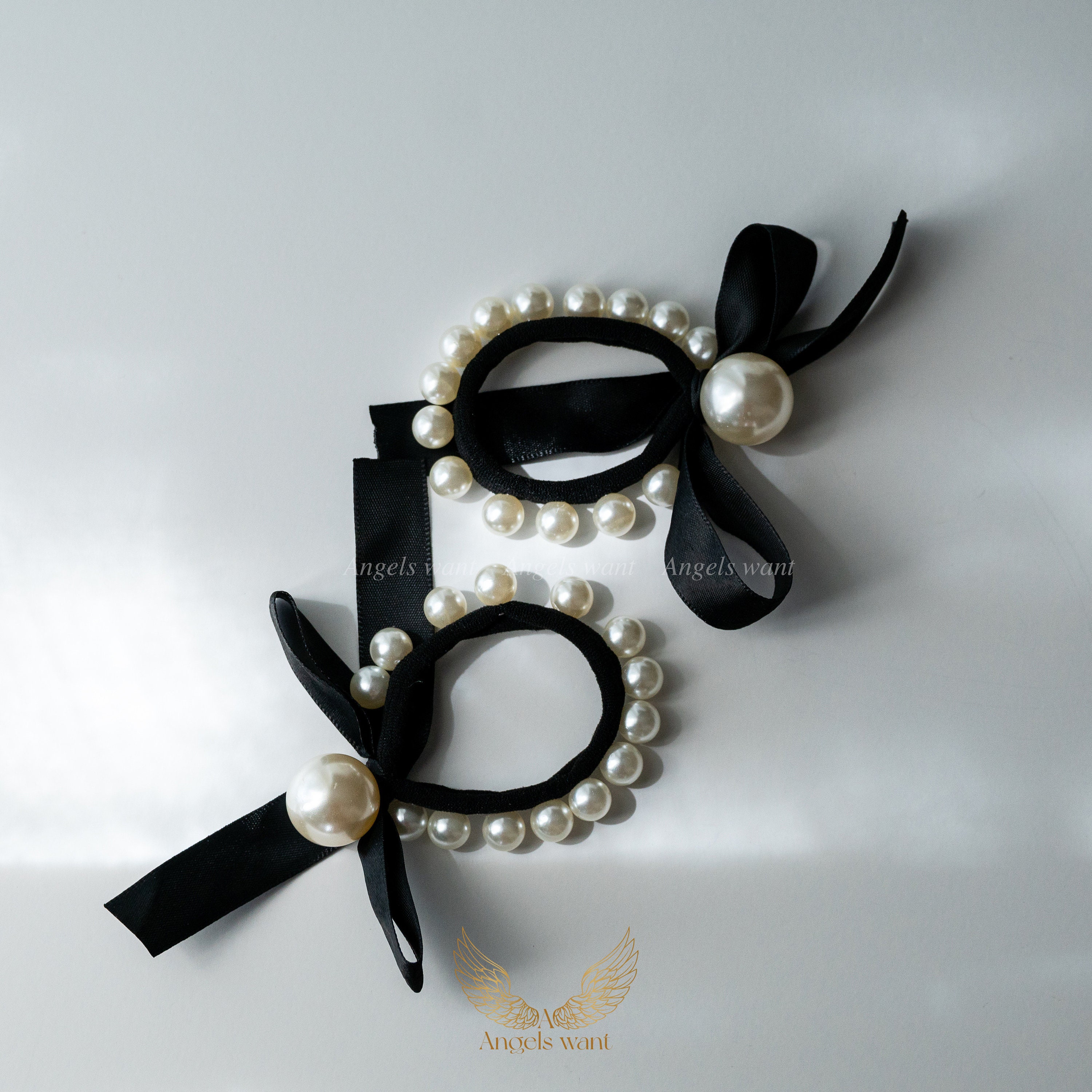 Set of 3 Elegant Pearl Bow Hair Tie Chic Black Ribbon Ponytail Holder Glam Look Black Satin Hair Bow: Handmade Pearl & Crystal Barrette - Etsy main image 3