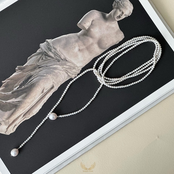 Long Pearl Necklace: Sterling Silver Lariat, Layered Wrap