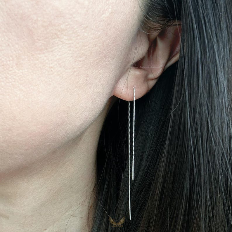 Pendientes de plata de ley con forma de enhebrador - Pendientes colgantes de cadena de caja imagen 10