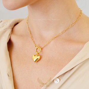 Gold Puffy Heart Necklace: Sterling Silver Love Pendant