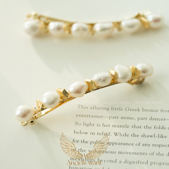Handmade Freshwater Pearl Barrette: Gold Wedding Hair Clip  display picture 2