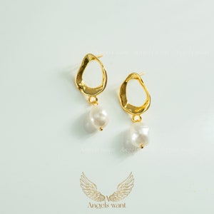Gold Plated Pearl Drop Earrings 925 Sterling Silver Freshwater Pearl Earrings Small Pearl Hoop Dangle Earrings Wedding Earrings image 4