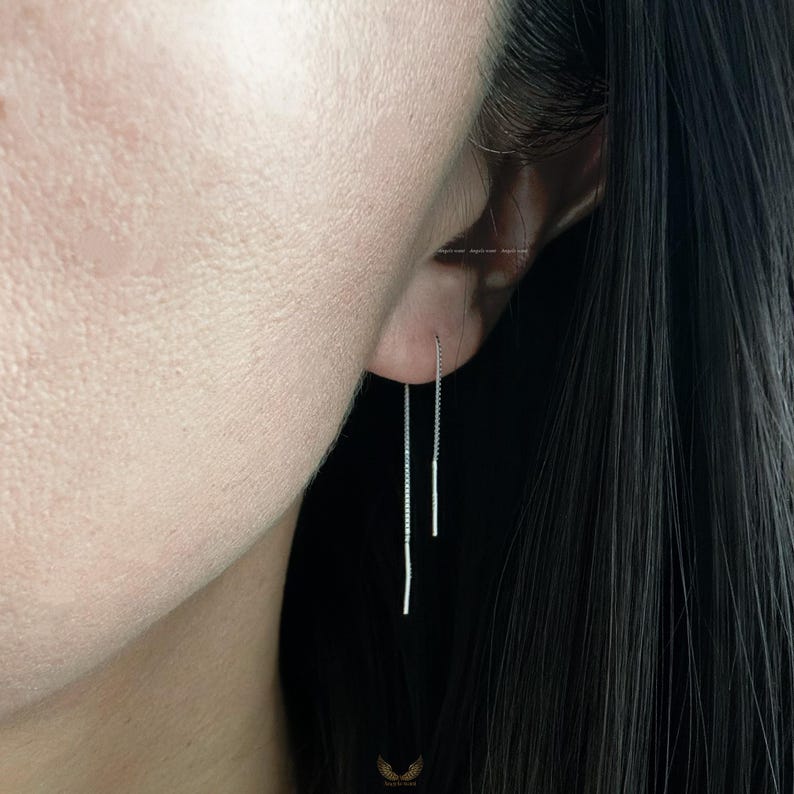 Pendientes de plata de ley con forma de enhebrador - Pendientes colgantes de cadena de caja imagen 9