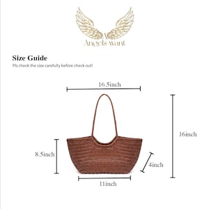 May include: A brown woven tote bag with a braided handle. The bag is 16.5 inches wide, 16 inches tall, 11 inches long at the base, and 8.5 inches tall. The bag is 4 inches deep. The text "Angels want" and "Size Guide" are visible.