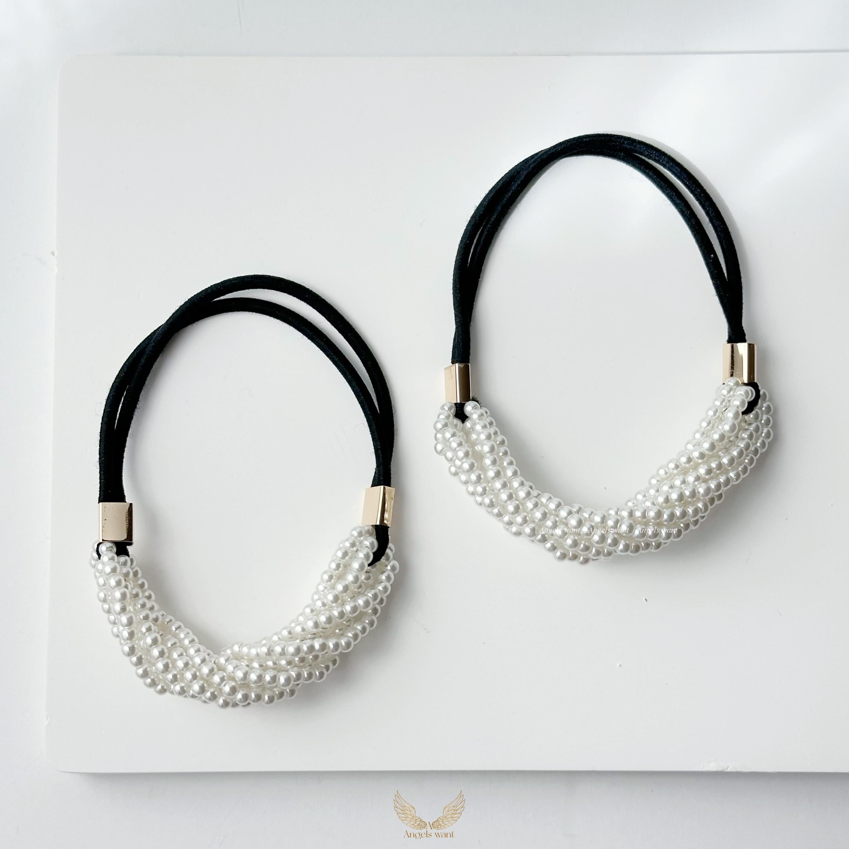 Pearl Hair Tie Bracelet: Black Elastic, Gold Accent - Set of  display picture 2