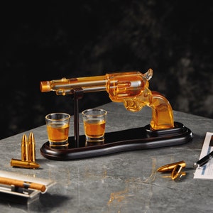 CRAFTGEN Gun Whiskey Decanter Set with 2 Shot Glasses–Birthday Wedding Gift Ideas for Men Husband Boyfriend Liquor Dispenser for Home Bar