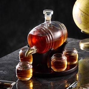 CRAFTGEN Whiskey Barrel Decanter Set with Glasses, Liquor Dispenser Alcohol Gift for Men, Home Bar Decor, Groomsmen Gift, Father’s Day Gift