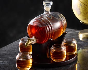 CRAFTGEN Whiskey Barrel Decanter Set with Glasses, Liquor Dispenser Alcohol Gift for Men, Home Bar Decor, Groomsmen Gift, Father’s Day Gift