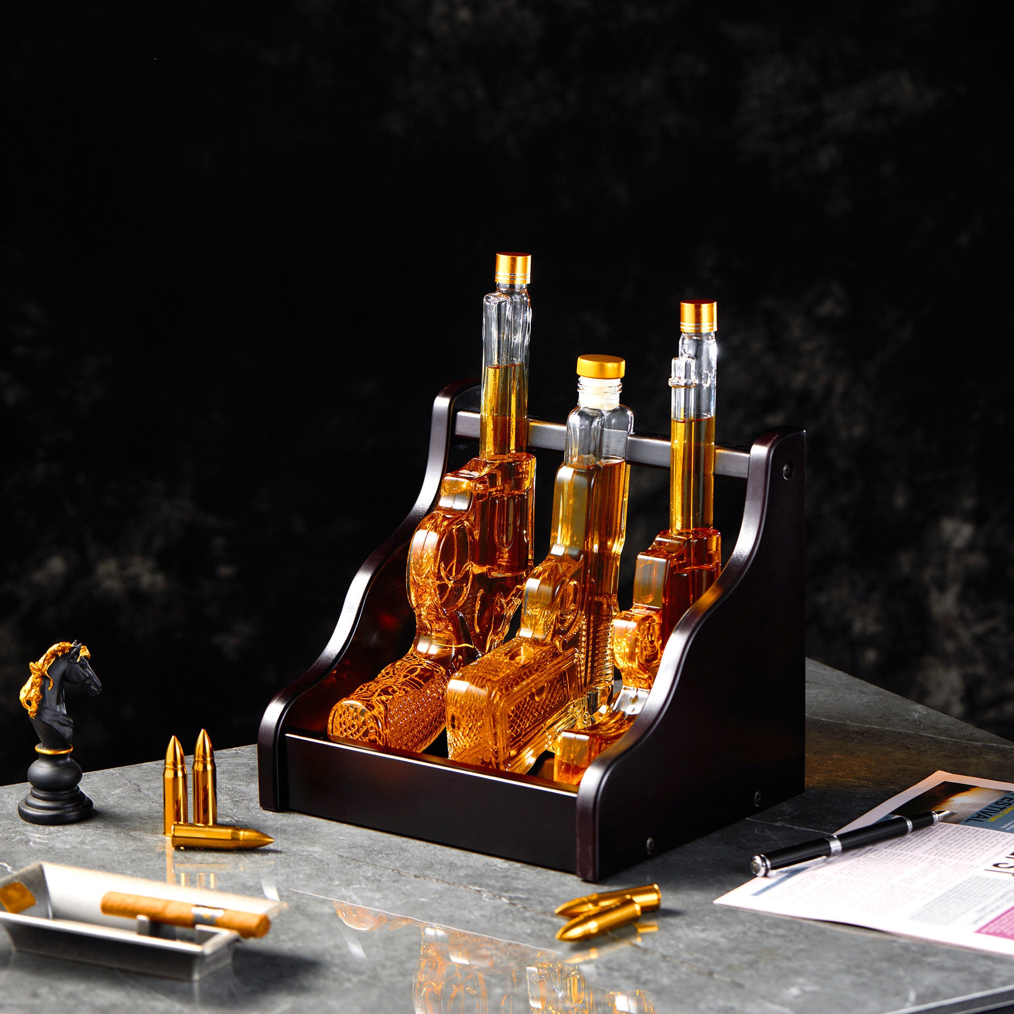 KROWN KITCHEN - Gun Whisky Decanter Set. Includes Whiskey Glasses, Coasters and Wooden Base. Perfect Dad Gifts. for Bourbon, Scotch, Liquor, etc