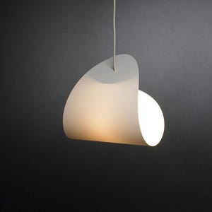 Può includere: Una lampada a sospensione bianca con una forma curva e arrotondata. La luce è sospesa da un filo sottile ed emette una luce calda e morbida.