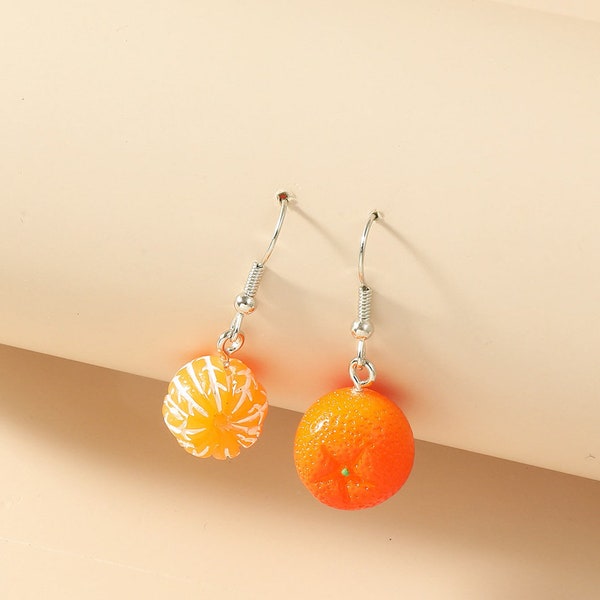 Mandarin Orange Fruit Cute Kawaii Funky Earrings Eardrops, Tangerine Earrings, Food Earrings, Fruit Earrings