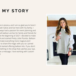 May include: The image features the text "MY STORY" at the top. Below the text is a photo of a woman holding a glass of champagne. The text describes the shop owner's passion for event planning and balloon arches.